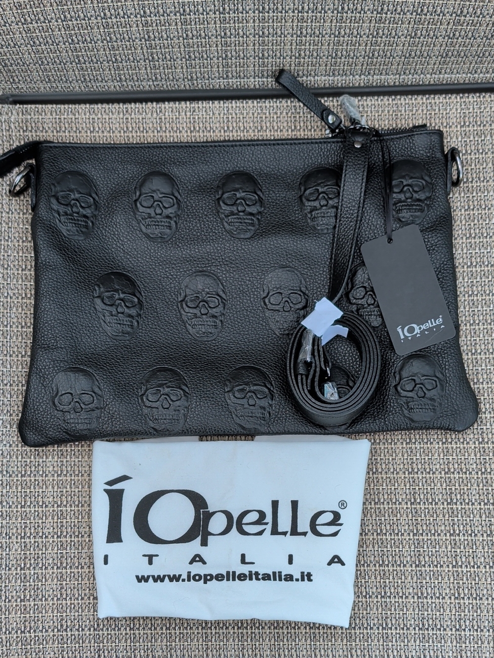 IOpelle Italia Black Leather Skull Embossed Clutch/Crossbody Bag NWT